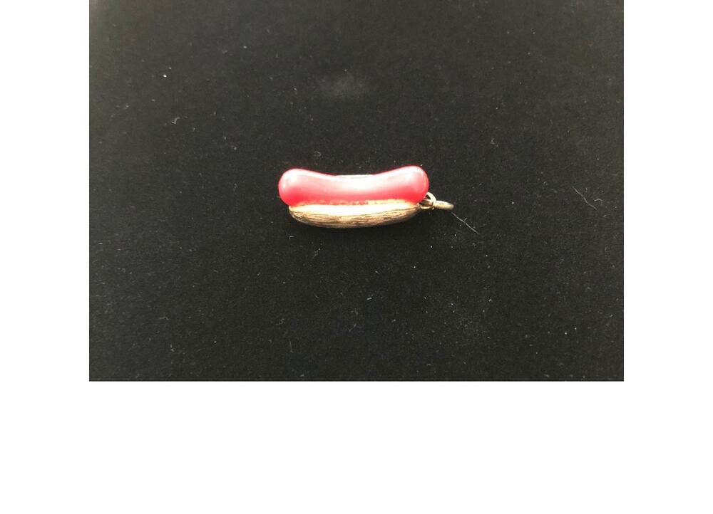 Avon Signed 1975 Hot Dog Gold Red Charm 1” “Put On The Dog” Enamel Pendant